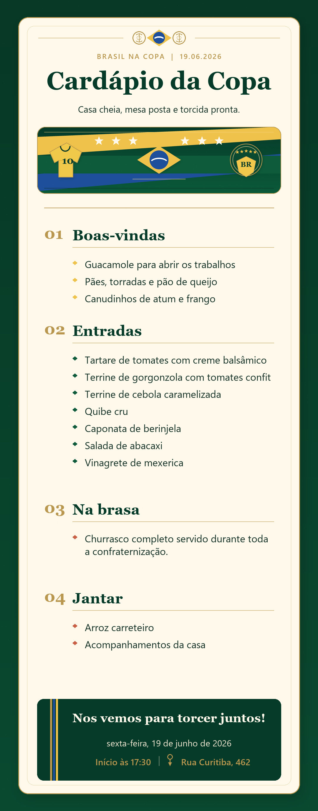 Cardápio da Copa para a confraternização do dia 19 de junho de 2026